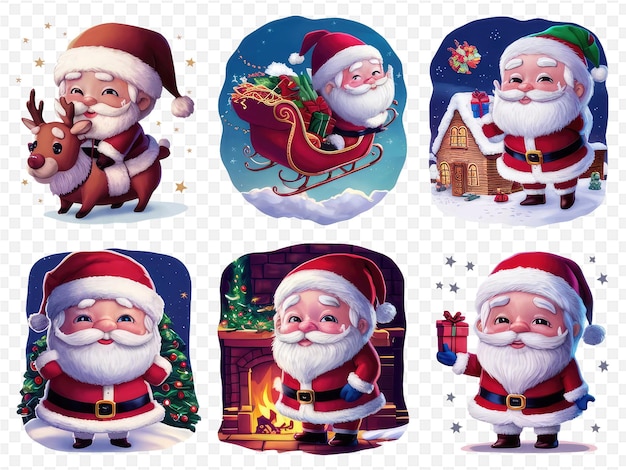 a set of cartoon characters with santa claus and a christmas tree