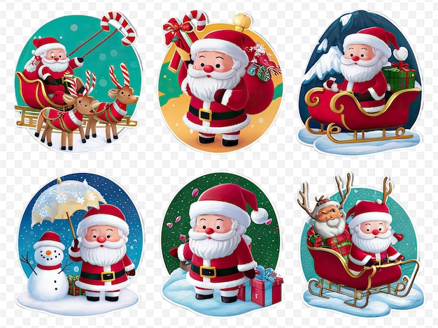 a set of cartoon characters with santa and snowman in the background