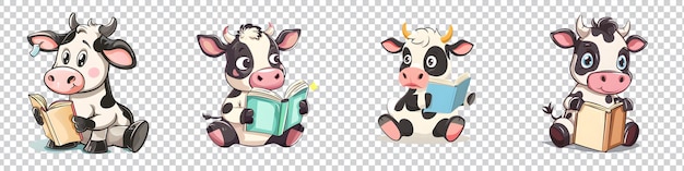 PSD a set of a cartoon cow reading a book isolated on transparent background