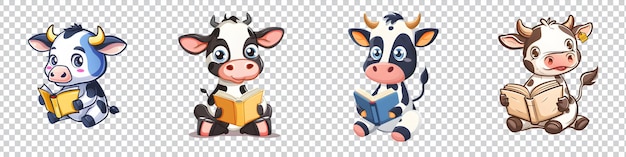 PSD a set of a cartoon cow reading a book isolated on transparent background