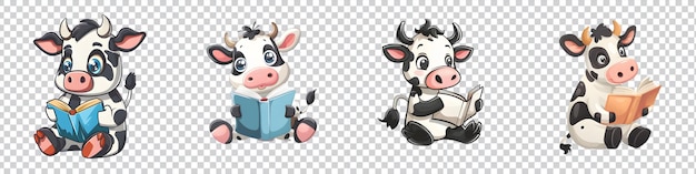 PSD a set of a cartoon cow reading a book isolated on transparent background