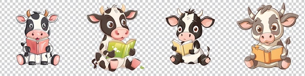 a set of a cartoon cow reading a book isolated on transparent background