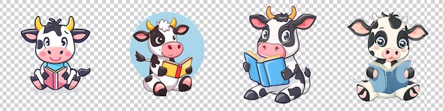 a set of a cartoon cow reading a book isolated on transparent background