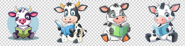 PSD a set of a cartoon cow reading a book isolated on transparent background