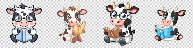 a set of a cartoon cow reading a book isolated on transparent background