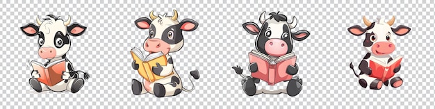 a set of a cartoon cow reading a book isolated on transparent background