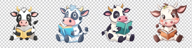 PSD a set of a cartoon cow reading a book isolated on transparent background