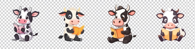 PSD a set of a cartoon cow reading a book isolated on transparent background