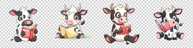 a set of a cartoon cow reading a book isolated on transparent background