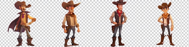 a set of cartoon of a cowboy with a cowboy hat on Isolated on transparent background