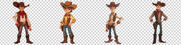 a set of cartoon of a cowboy with a cowboy hat on Isolated on transparent background