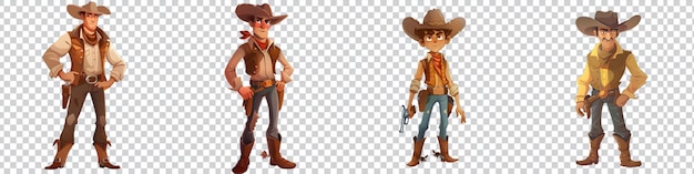 PSD a set of cartoon of a cowboy with a cowboy hat on isolated on transparent background