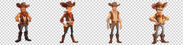 PSD a set of cartoon of a cowboy with a cowboy hat on isolated on transparent background