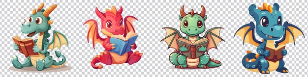 PSD a set of cartoon dragon reading a book isolated on transparent background