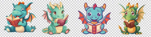 a set of cartoon dragon reading a book isolated on transparent background