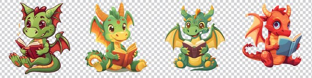 a set of cartoon dragon reading a book isolated on transparent background