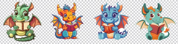 PSD a set of cartoon dragon reading a book isolated on transparent background