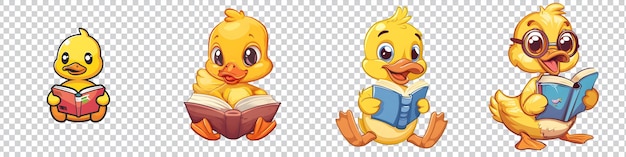 PSD a set of cartoon duck reading a book isolated on transparent background