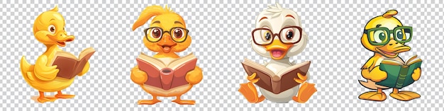 PSD a set of cartoon duck reading a book isolated on transparent background