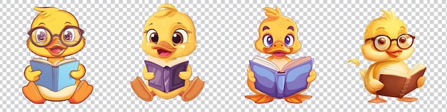 PSD a set of cartoon duck reading a book isolated on transparent background