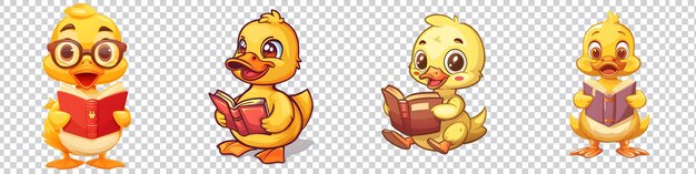 a set of cartoon duck reading a book isolated on transparent background