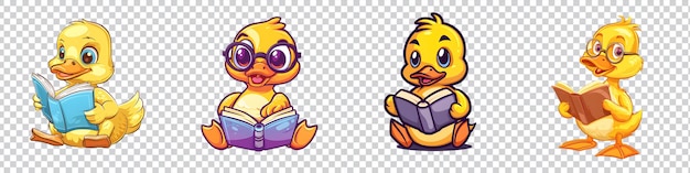 PSD a set of cartoon duck reading a book isolated on transparent background