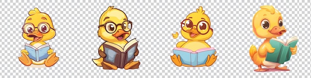 PSD a set of cartoon duck reading a book isolated on transparent background