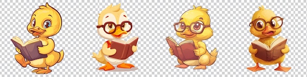 PSD a set of cartoon duck reading a book isolated on transparent background