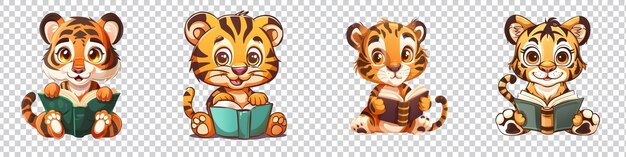 PSD a set of cartoon tiger reading a book isolated on transparent background