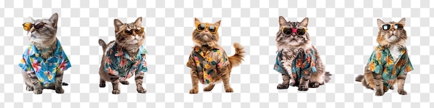 PSD set of cat wearing summer shirt and sunglasses full body standing on transparency background psd