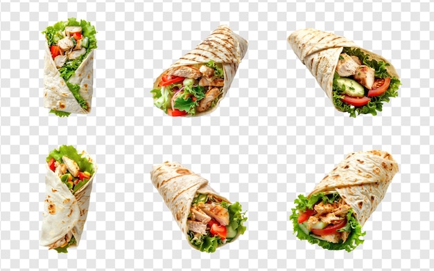 PSD set of chicken wrap front view full length on transparency background psd