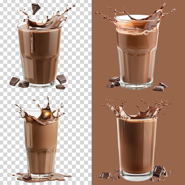 A set of Chocolate milk in a glass with chocolate splashes isolated on transparent background