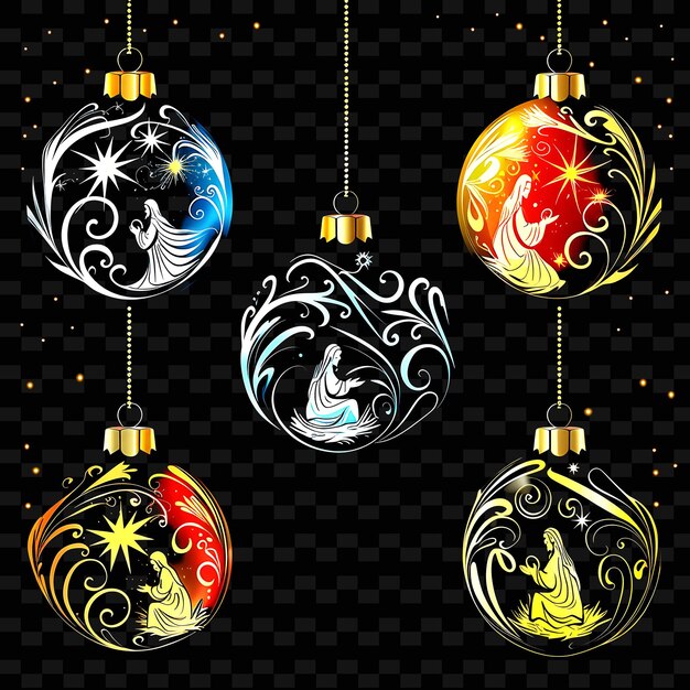 a set of christmas balls with a black background with a gold star and a black background