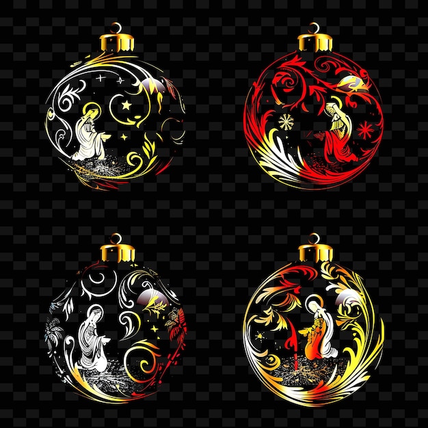 a set of christmas ornaments with a black background with a gold design