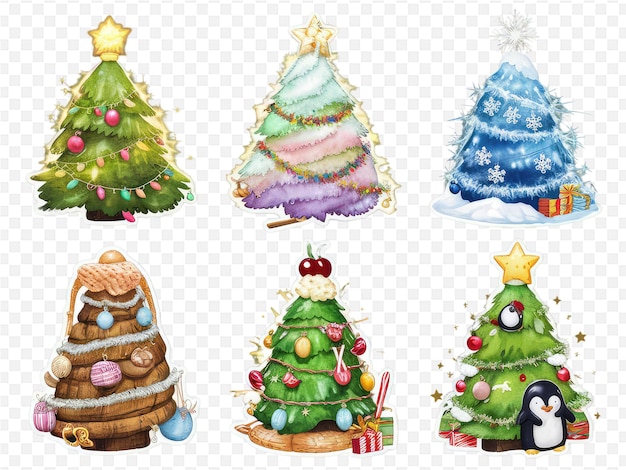 PSD a set of christmas trees with different designs and the word penguins