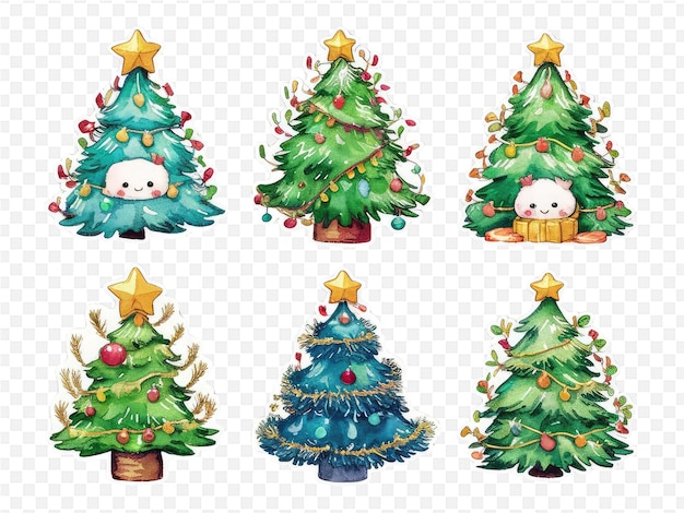 a set of christmas trees with snowmen and a bear on the top