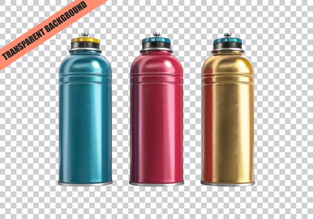 PSD set of colored spray paint cans isolated on transparent background