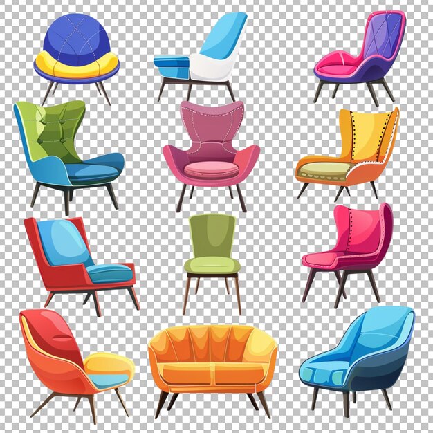 PSD a set of colorful chairs with different colors on transparent background png