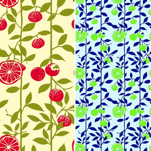 a set of colorful fruit and flowers with a pattern of cherries