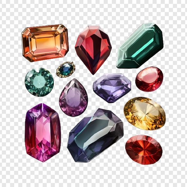 Set of colorful gemstones isolated on transparent background