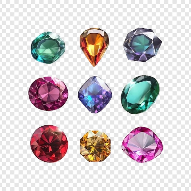 Set of colorful gemstones isolated on transparent background