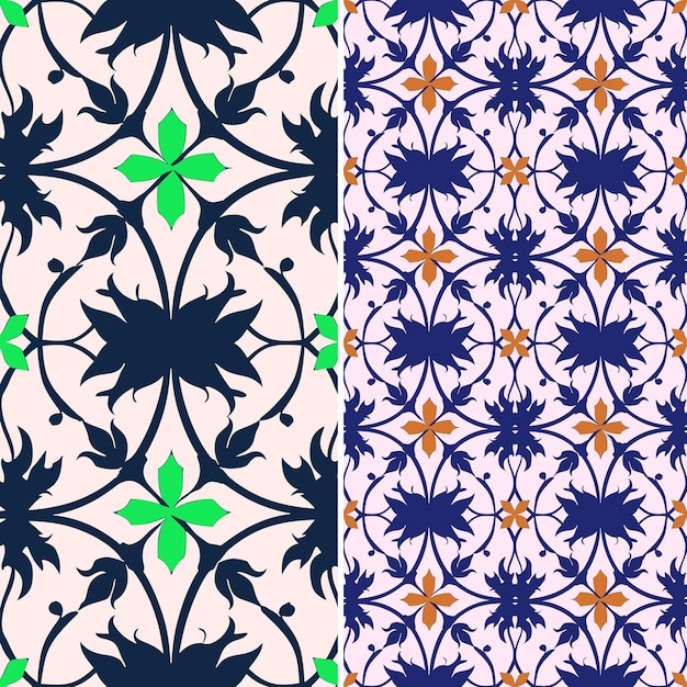 a set of colorful geometric patterns with the green and blue flowers