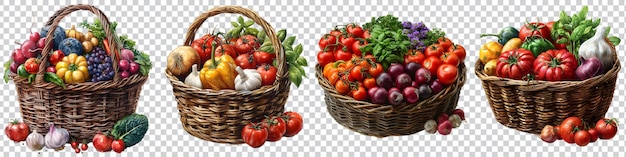 set colorful organic vegetables in a basket is shown on a transparent background