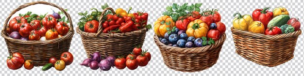 set colorful organic vegetables in a basket is shown on a transparent background