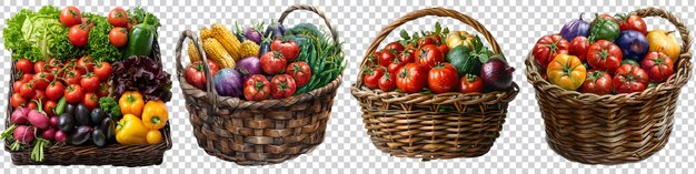 set colorful organic vegetables in a basket is shown on a transparent background