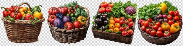 set colorful organic vegetables in a basket is shown on a transparent background