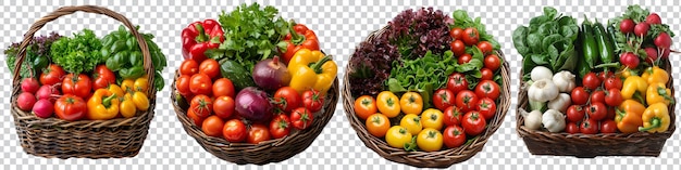 set colorful organic vegetables in a basket is shown on a transparent background