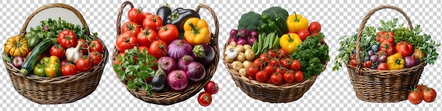 set colorful organic vegetables in a basket is shown on a transparent background