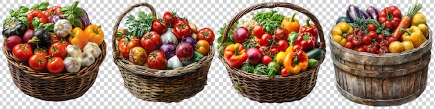 PSD set colorful organic vegetables in a basket is shown on a transparent background