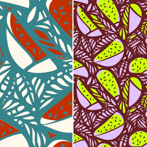 a set of colorful patterns with leaves and a colorful background